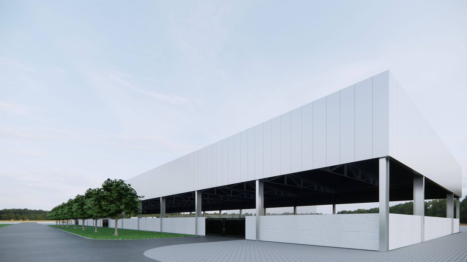 Entwurf einer Gewerbehalle mit weißer Fassade