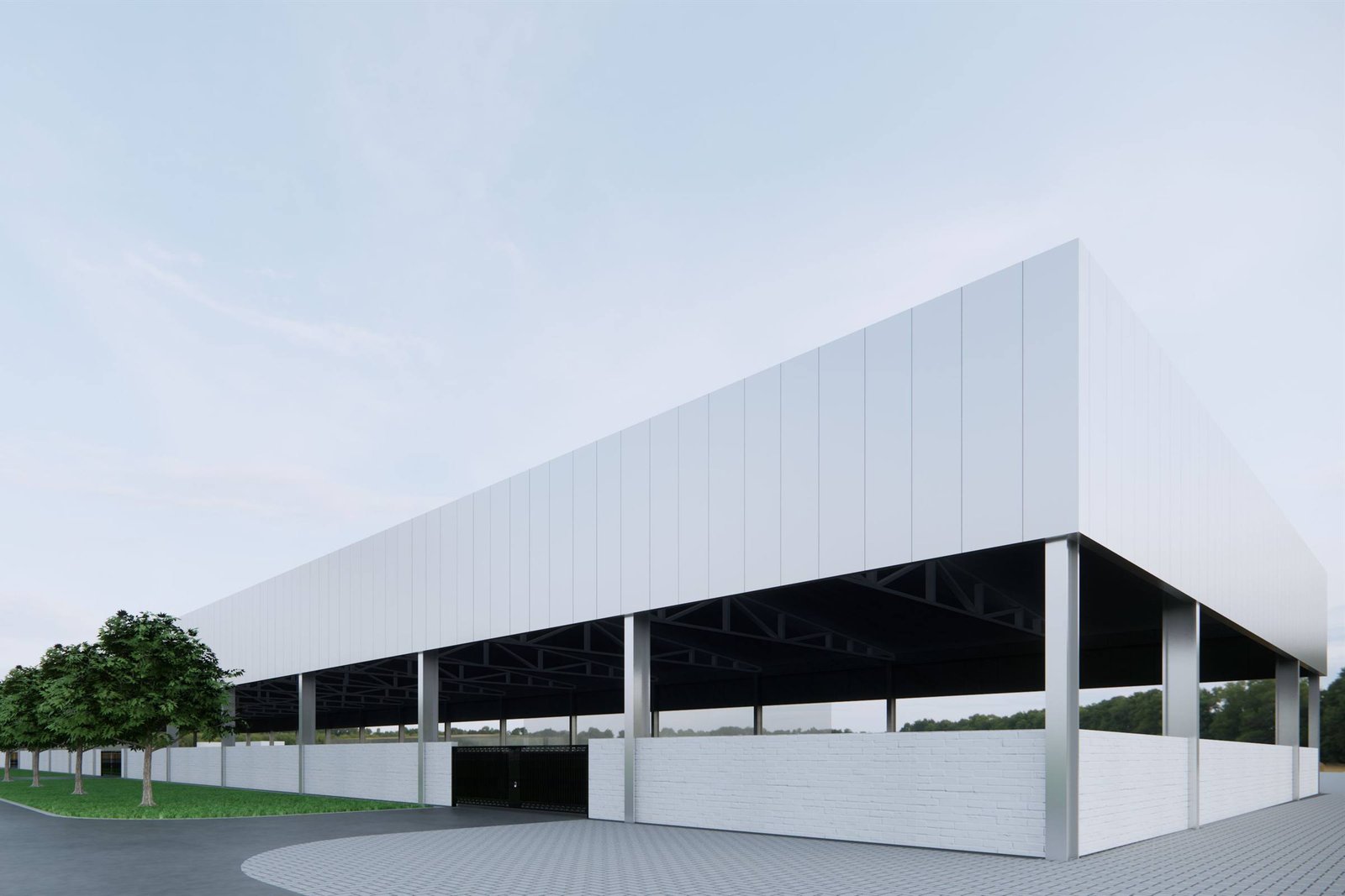 Entwurf einer Gewerbehalle mit weißer Fassade